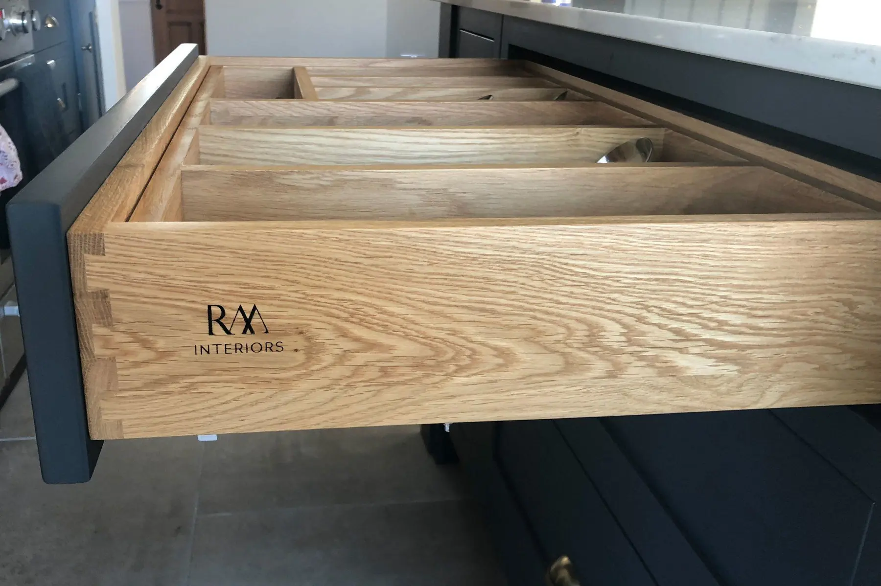Dovetailed oak drawer stamped RM Interiors